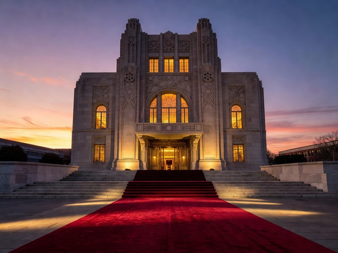 A red carpet leading up the steps of a grand cinema building at dusk