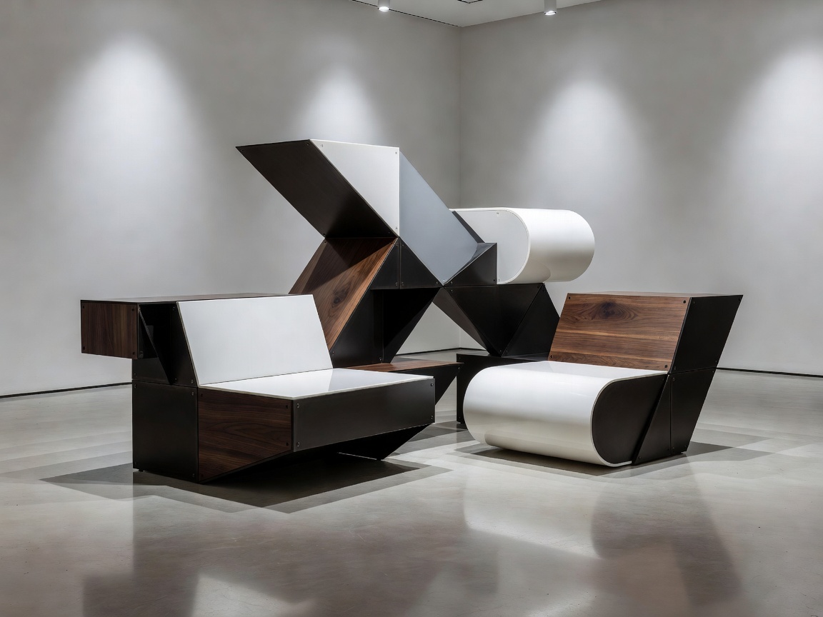 Abstract modern furniture installation with geometric shapes