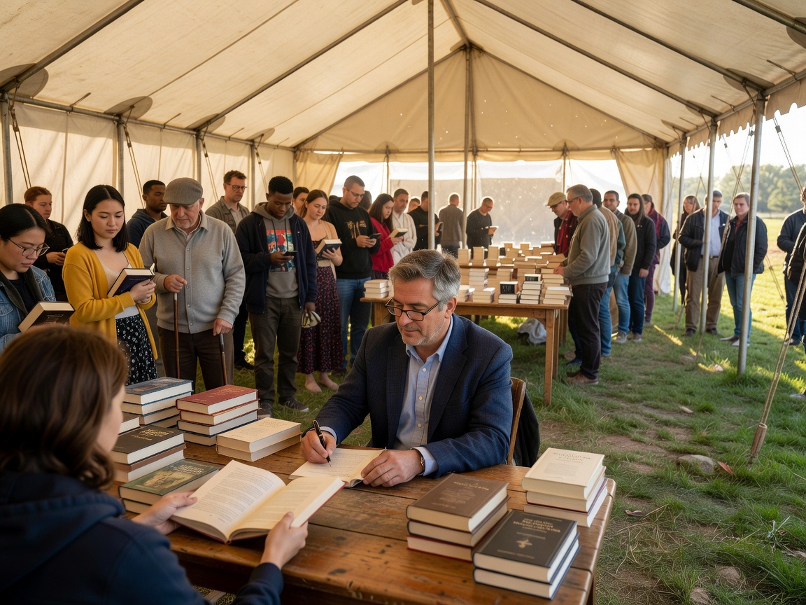 An author signing books for a line of attendees in a bright marquee tent