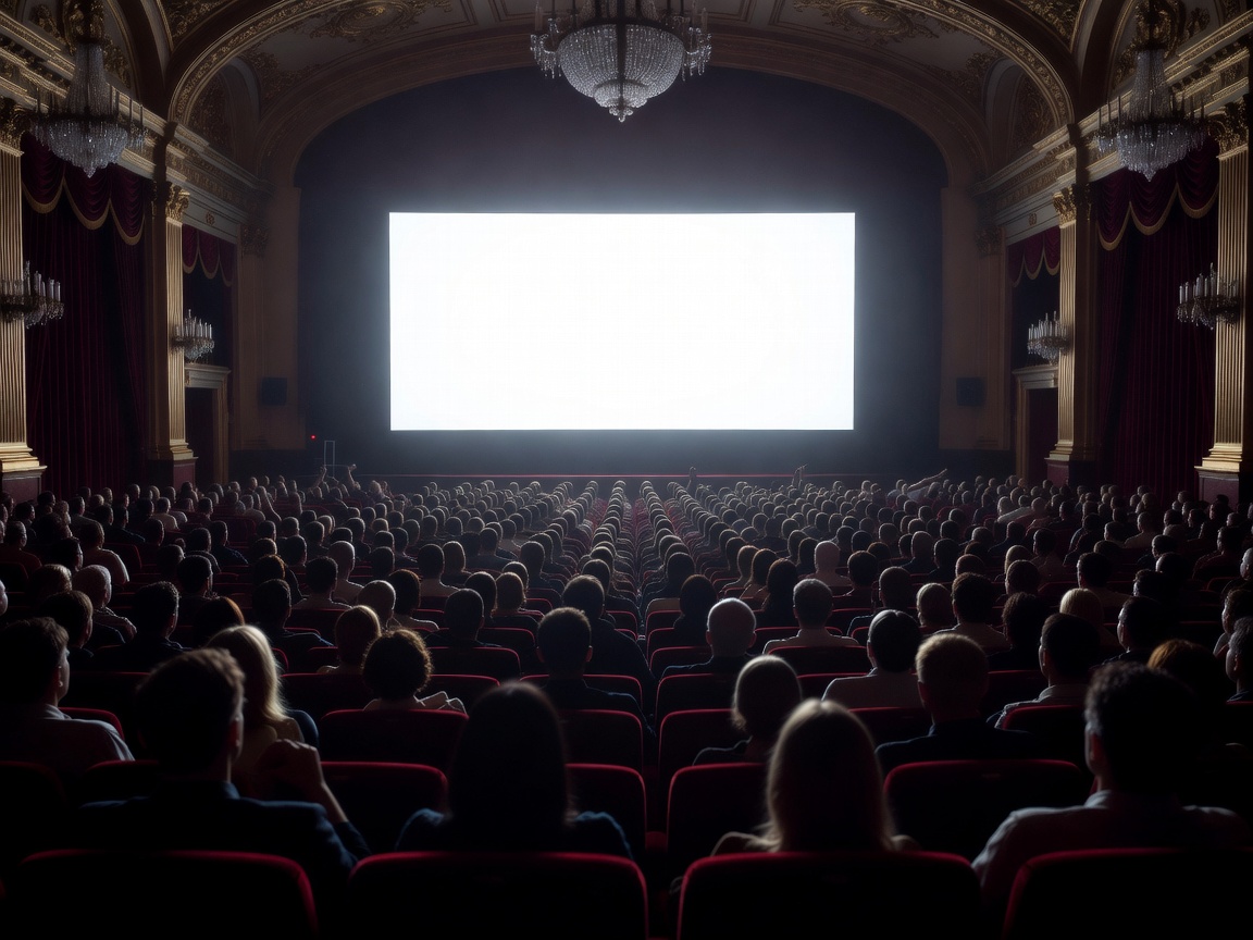 Audience silhouette in a grand cinema watching a brightly lit screen