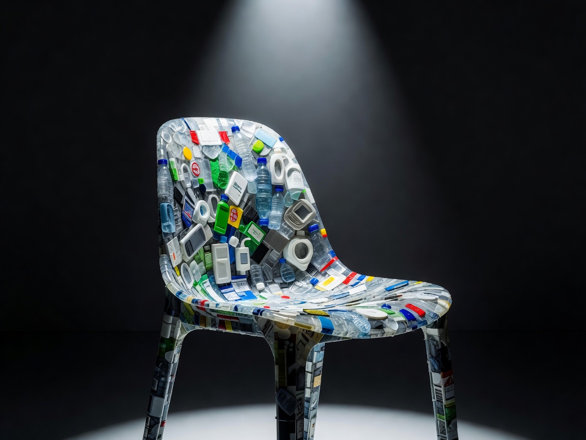 Close up of a sustainable chair made from recycled plastics displayed under a spotlight