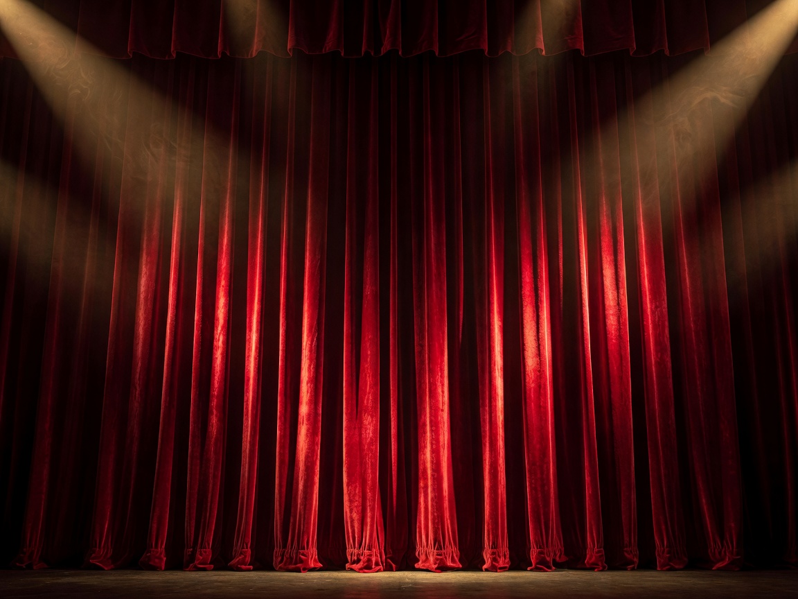 Dramatic stage lighting illuminating a red velvet theatre curtain