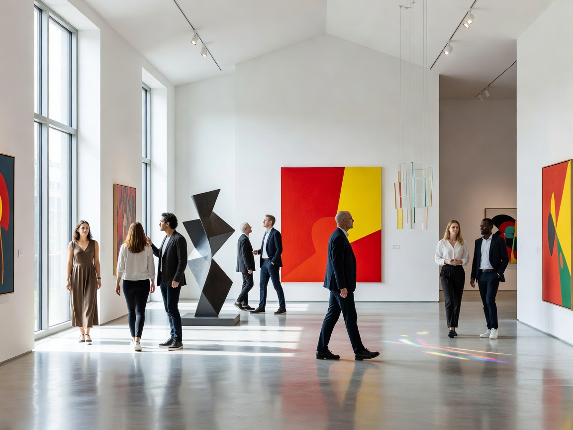 People walking through a brightly lit contemporary art gallery space