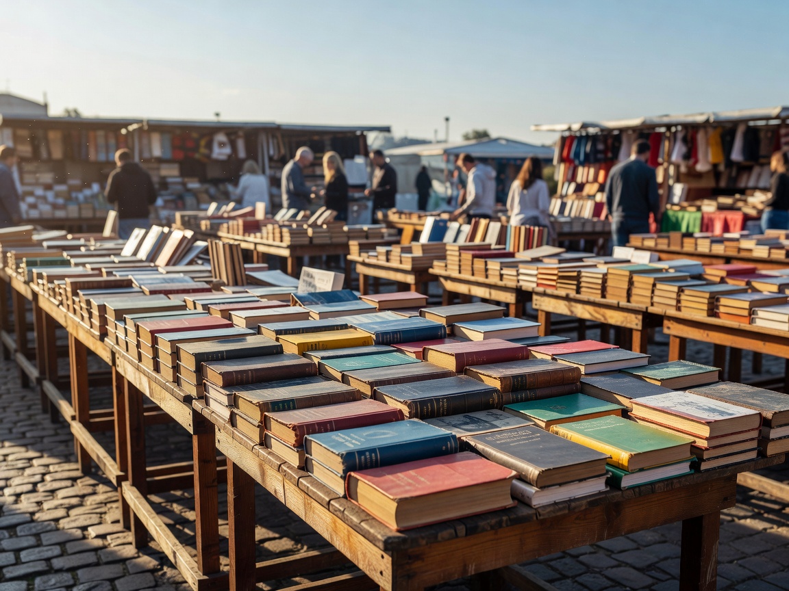 Rows of books displayed on wooden tables at an outdoor market