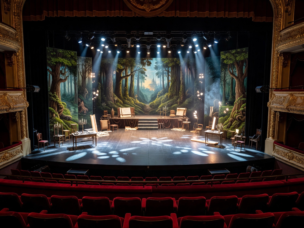 View from the dress circle looking down onto a brightly lit stage set before a performance
