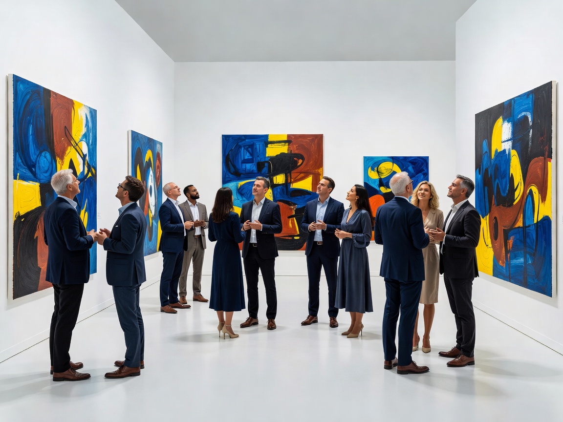 Wide view of a pristine white art fair booth with large abstract paintings and well-dressed attendees